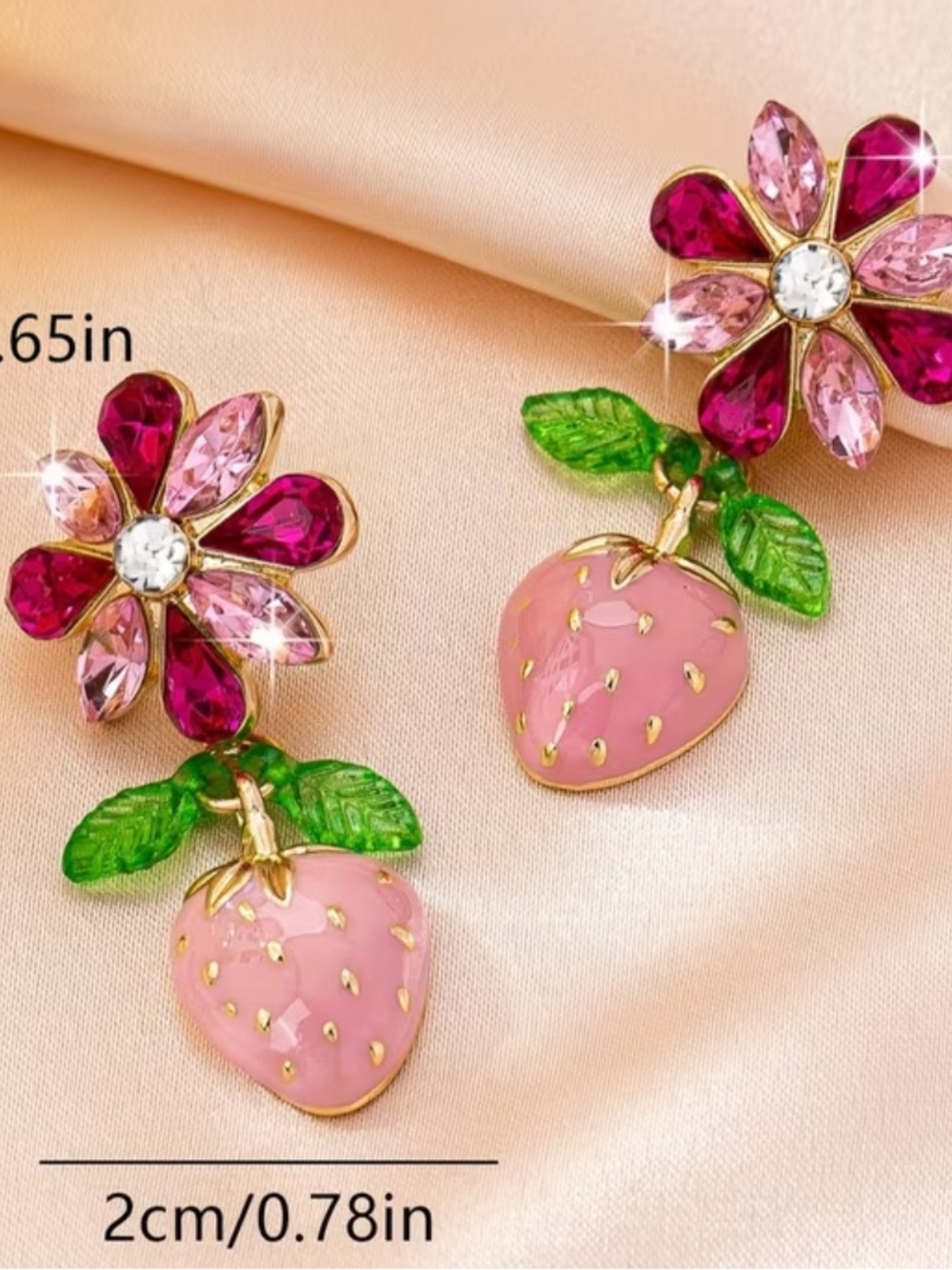 Pink & Green Strawberry Flower Drop Earrings Golden Plated NWT - Picture 4 of 5